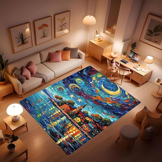 Machine Washable 5' x 8' Seaside Villages and Churches Area Rug, Bule Floor mat, Suitable for bedrooms, Girls' Room Bedside, Living Room, Dining Room, Office, Non-Slip Low-Pile Night Sky Carpet