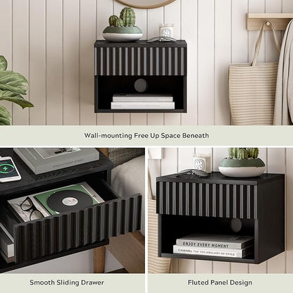 Fluted Floating Nightstand Set of 2 with Drawer, Modern Night Stand with Fluted Door and Open Storage Shelf Wall Mounted Bedside Table for Bedroom, Entryway Black