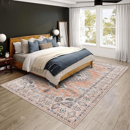 vivorug 6x9 Area Rug, Ultra-Soft Washable Rug for Living Room, Dinner Room, Bedroom, Non-Slip Vintage Distressed Floral Rug, Indoor Carpet Large Area Rug, Orange