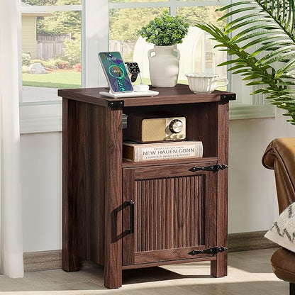 Joaxswe Night Stand, 18 Inch Farmhouse Nightstand with with Charging Station and USB Port, Rustic Couch End Table with Magnetic Door, Wood Bed Side Tables for Bedroom, Home, Brown Walnut