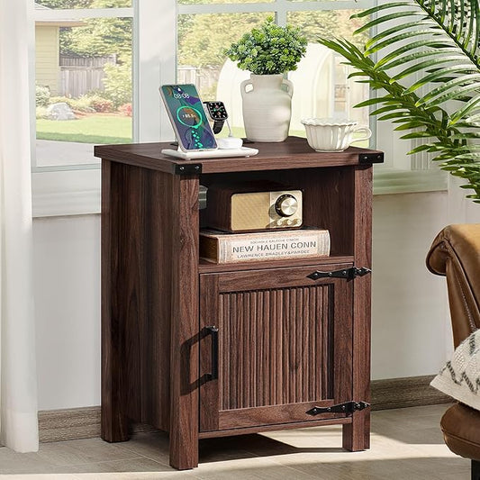 Joaxswe Night Stand, 18 Inch Farmhouse Nightstand with with Charging Station and USB Port, Rustic Couch End Table with Magnetic Door, Wood Bed Side Tables for Bedroom, Home, Brown Walnut