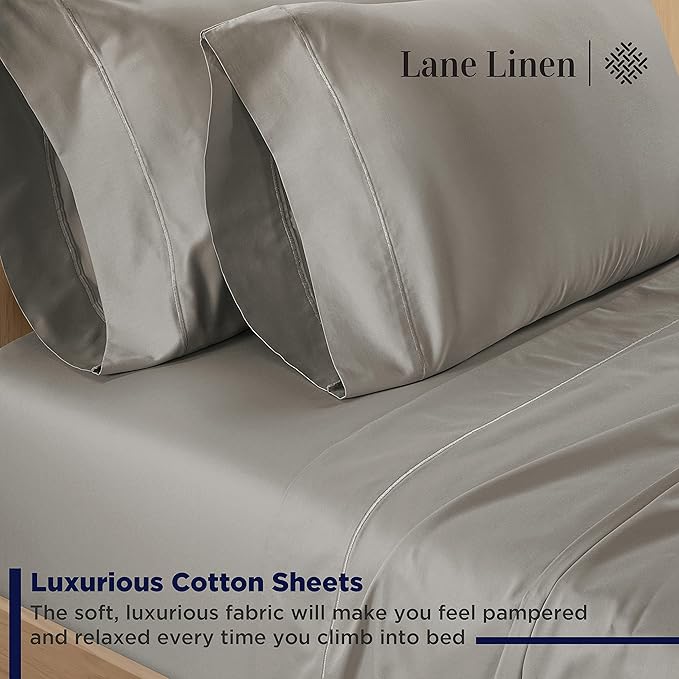 LANE LINEN 100% Cotton Sheets Full Size 600 Thread Count, Mercerized Cotton Fully Elasticized Fitted Sheet, Z Hem Top Sheet and Eurpoean Closure Pillowcases, Luxury Hotel Style Bedding Set- Silver
