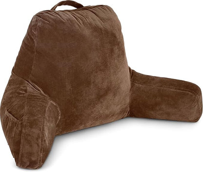 Husband Pillow Chocolate, Original Reading Pillow in Bed Rest Chair, Shredded Memory Foam Large Lounge Cushion Adult Backrest with Arms, Comfy Back Support for Sit Sitting Up, Wash/Removable Cover
