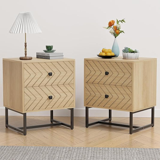 Modern Nightstand Set of 2,Morden Night Stand with 2 Drawers,End Tables with Storage,Bedside Tables for Bedroom,Oak