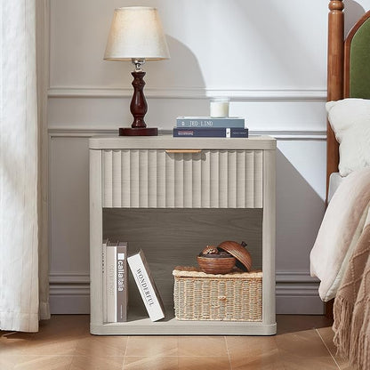 LEYAOYAO Fluted Nightstand with Charging Station, 23" Wide 1 Drawers Night Stand,LightGrey End Table with Open Storage,Farmhouse Bed Side Tables, Wood Dresser for Bedroom, Living Room, Closet