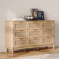 LINSY Rattan 9 Drawer Dresser for Bedroom, 58" Wide Mid-Century Modern Tall Chest of Drawers, Deep Storage Dresser with Curved Corner Design, Large Accent Wood Cabinet for Bedroom, Oak