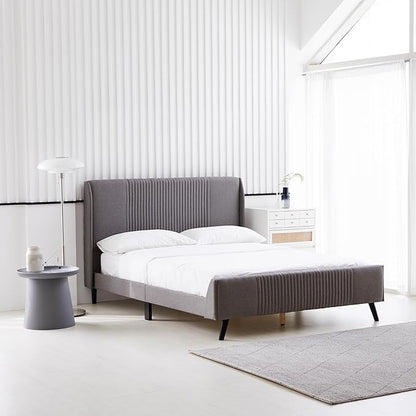 Livinia Sunset Full Size Wingback Platform Bed, Fabric Upholstered Full Bed Frame with Vertical Channel Tufted Headboard Footboard, Strong Wood Slats, No Box Spring Needed, Gray