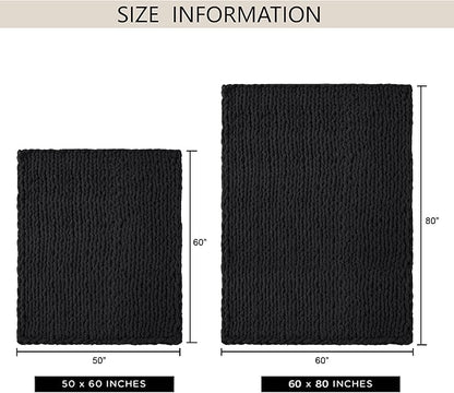 Chunky Knit Throw Blanket 50"X 60", 100% Handmade with Soft Chenille Yarn, 4.4lbs Thick Cable Knitted Blankets, Large Rope Knot Crochet Throws for Couch Sofa Bed Home Decor, Black