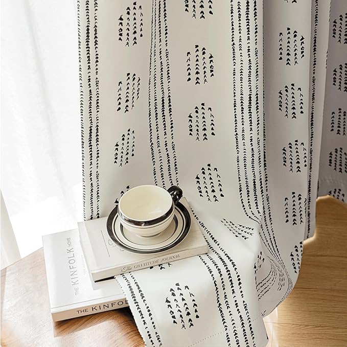 100% Boho Blackout Curtains 90 Inches Long for Bedroom, Black on Beige Patterned Bohemian Curtains for Living Room, Geometric Striped Thermal Insulated Window Drapes Gromment Top 2 Panels