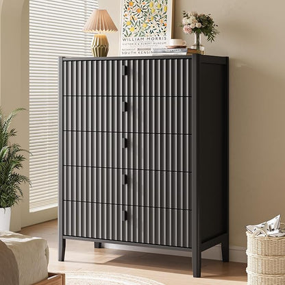 5 Drawer Dresser, Modern Chest of Drawers for Bedroom, Wood Fluted Dresser Organizer with Deep Drawers for Clothes, Nightstand for Bedroom, Hallway, Living Room, Entryway, Black
