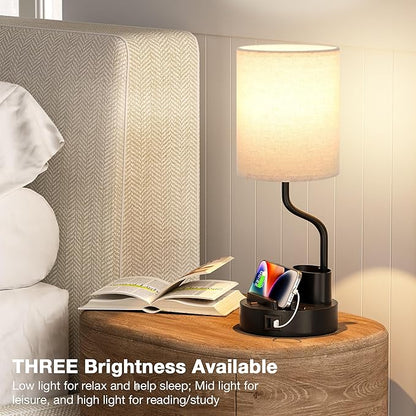 Bedside Table Lamps for Bedroom Set of 2 - Nightstand Light with AC Outlet and USB A & C for Charging, 3 Color Temperatures, Study Desk Lamp with Pen Holder & Phone Stand for Living Room/Dorm/Office