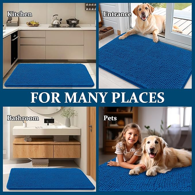 OLANLY Dog Door Mat for Muddy Paws 36x24, Absorbs Moisture and Dirt, Absorbent Non-Slip Washable Doormat, Quick Dry Chenille Mud Mat, Entry Indoor Entryway Carpet for Inside Floor, Deep Navy Blue
