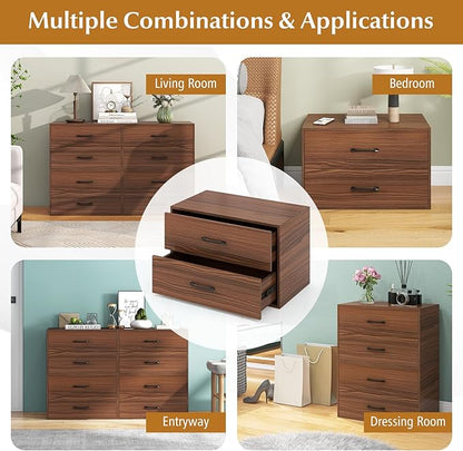 Giantex Stackable 2-Drawer Dressers for Bedroom - Short Dresser Two Drawer Storage Cabinet w/Handles & Anti-Topping Device, Small Dresser Chest of 2 Drawers for Closet Bedroom (1, Walnut)