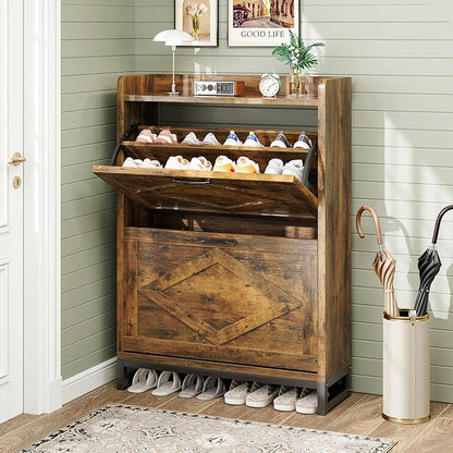 Shoe Cabinet, Shoe Storage Cabinet with 2 Flip Drawers & Adjustable Shelf, Space-Saving Shoe Organizer – Holds 12+ Pairs, Narrow Shoe Cabinet Storage for Entryway/Hallway（Brown）