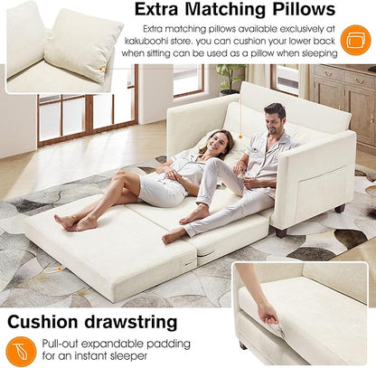 51" Loveseat Sleeper Sofa Bed, Chenille Convertible Floor Sofa Bed for Small Spaces, Folding Couch Bed with Deep Seat, 2 Pillows & Solid Frame, Pull Out Floor Couch for Living Room, Beige