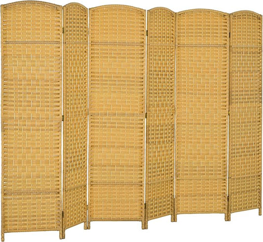 HOMCOM 6 Panel Room Divider, 6' Tall Folding Privacy Screen, Hand-Woven Freestanding Wall Partition for Home Office, Bedroom, Nature Wood