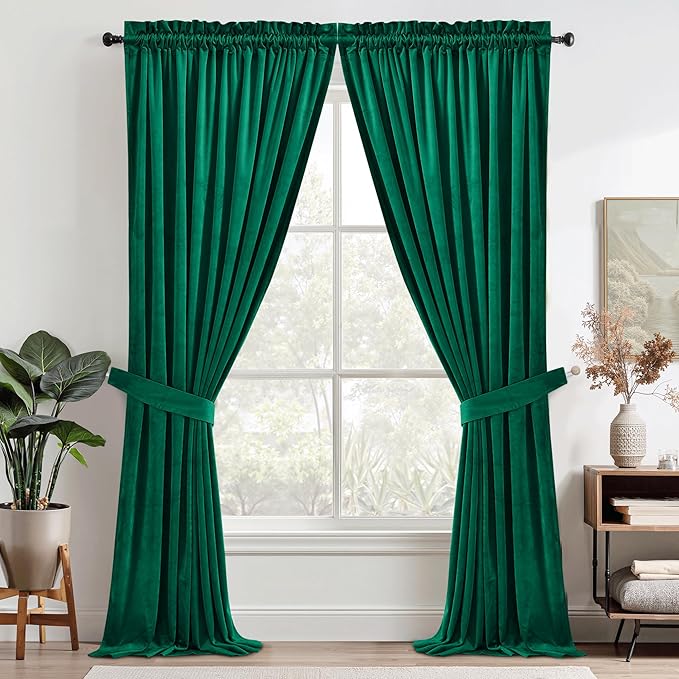 StangH Emerald Green Velvet Curtains Blackout - Classic Solid Christmas Decorative Thermal Insulated Blackout Window Drapery for Living Room/Holiday Fete, W52 x L96-inch, 2 Panels