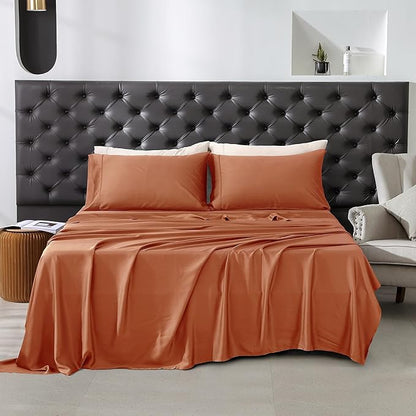 Linen World King Size 400TC Cooling Bed Sheet Set - 100% Organically Grown Viscose Sheets, Silky Soft & Breathable, Deep Pocket Fits Up to 16", 4-Piece Sheets with Pillowcases,Caremel