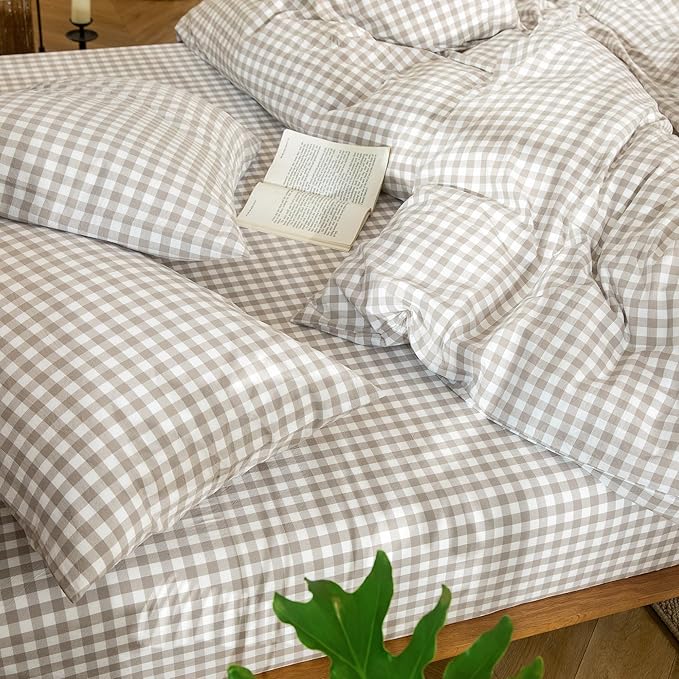 MooMee Gingham Duvet Cover Set 100% Washed Cotton Linen Like Textured Breathable Durable Soft Comfy Modern Checkered Design (Tannish Linen Grey Gingham, Full 80"x90")