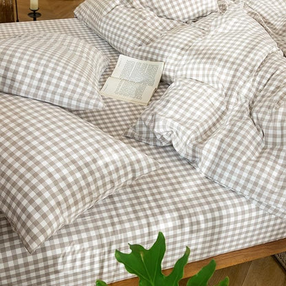 MooMee Gingham Duvet Cover Set 100% Washed Cotton Linen Like Textured Breathable Durable Soft Comfy Modern Checkered Design (Tannish Linen Grey Gingham, Twin 68"x90")