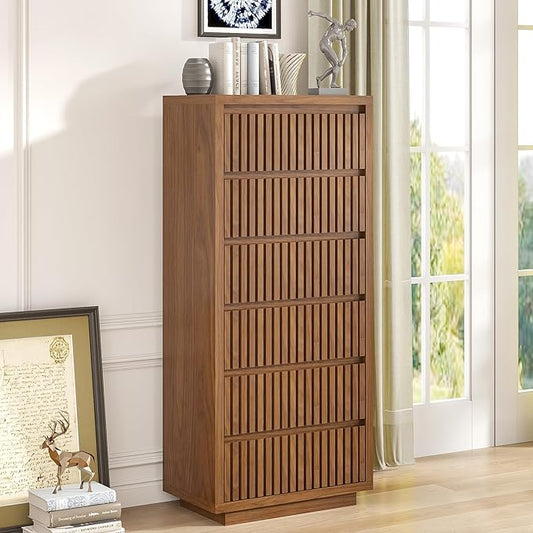 Fluted Tall 6 Drawer Dresser, Mid Century Dresser for Bedroom, 45 Inch Wood Chest of Drawers, Modern Closet Clothes Organizer, Walnut Wooden Storage for Living Room, Brown