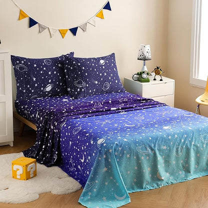 JSD Gradient Blue Moon Stars Kids Sheet Set Full Size, 4 Piece Space Theme Microfiber Sheets Deep Pocket