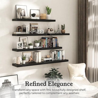 Floating Shelves for Wall, 9.3" Deep Wall Mounted Wood Shelves for Bathroom, Bedroom, Living Room, Kitchen, Hanging Shelf for Books/Storage/Room Decor (Black, 48")