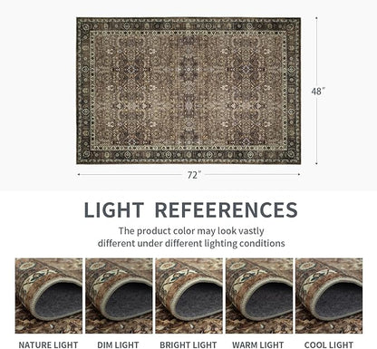 4x6 Vintage Washable Area Rug for Living Room,Low Pile Non Slip Carpet Non-Shedding Small Area Rug Soft Indoor Stain Resistant Rug Floral Print Mat for Bedroom Dining Room Brown Floral