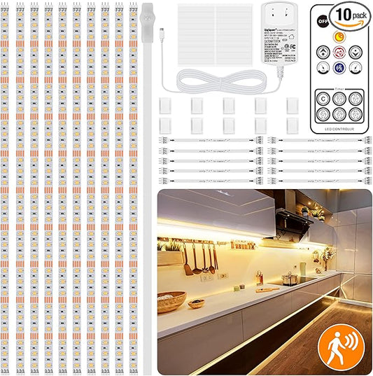 LAFULIT 10 PCS Under Cabinet Lights Kit, Motion Sensor LED Strip Lights with Remote, Dimmable and Timer Warm White Counter Lights for Kitchen Cabinets, Cupboards, Closets, Stairs, Shelf, Desk, and Bed