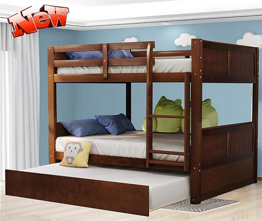 STERXONE Best Thicken Solid Wood Full Over Full Bunk Bed with Trundle, Luxurious Bunk Bed Frame Full Size with Safety Guard Rail and Ladder, Convertible to 2 Beds for Adults, Teens (Walnut)