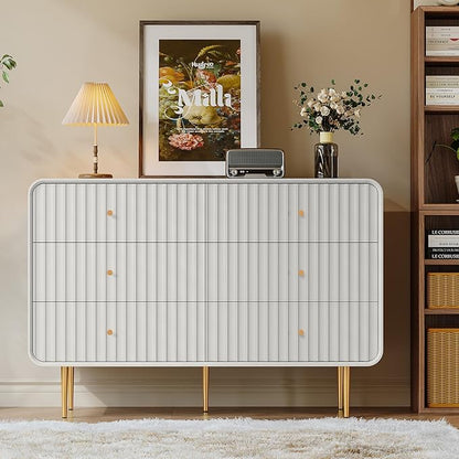 HLR Fluted 6 Drawers Dresser, 48'' Wide Modern Chest of Drawers with Gold Metal Handles,Dresser TV Stand, Wood Dressers & Chest of Drawers for Bedroom, Living Room, Hallway (White)