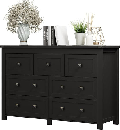 7 Drawer Dresser for Bedroom, Farmhouse Wood Chest of Drawers, Wide TV Stand Closet Storage Furniture with Metal Handle, Modern Wooden Clothes Organizer for Hallway, Living Room, Entryway, Black