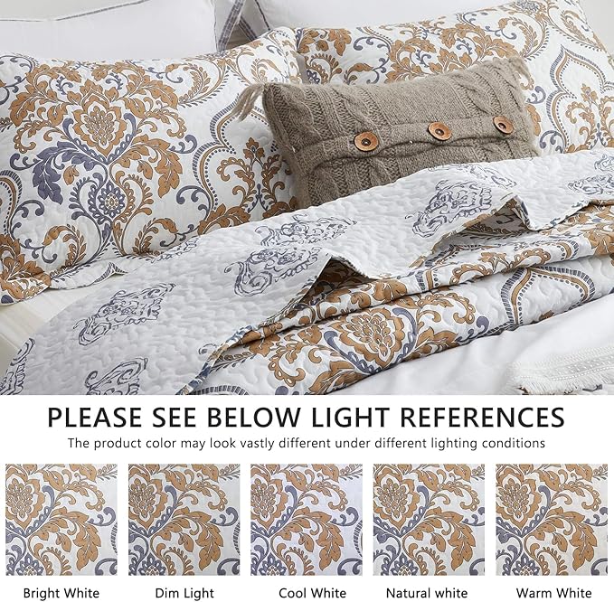 CHIXIN California King Bedspread - Oversized Luxury Collection - European Damask Paisley Pattern - Classic & Gorgeous Bedding Cover, Lightweight, Ultra Soft, 5 Piece, 100% Microfiber, White/Khaki/Grey