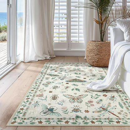 Lahome Insect Machine Washable Rug, 3x5 Rug Non Slip Soft Bedroom Rugs for Entryway Dorm, Ultra-Thin Rugs for Living Room Stain Resistan Throw Carpet for Nursery Entrance, Beige