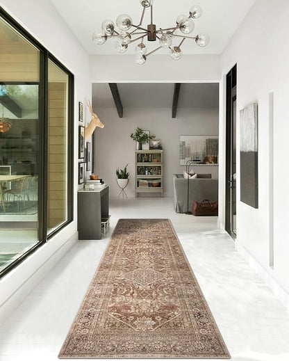 vivorug Runner Rug 2x10 Machine Washable Rug with Non-Slip Backing, Ideal for Kitchen Hallway Entryway Laundry Room - Vintage, Durable, Easy Clean, Low Pile Carpet Runner Earth Tone