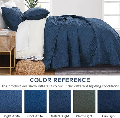 Yiran Navy Blue Quilt Set King Size Fall Bedspreads Embossed Diamond Pattern 3 Piece Soft Microfiber Coverlet Set for All Season with 2 Pillow Shams (106x96 Inch)