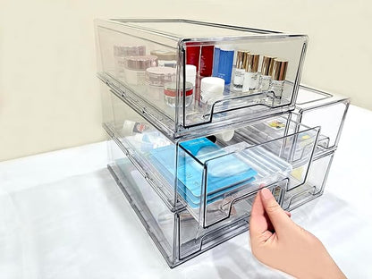 Stackable storage drawers, clear pull-out organizer with handles and non-slip pads for kitchen, refrigerator,office desktop, pantry and shelves, perfect for organization and storage (2 Pack, Medium)