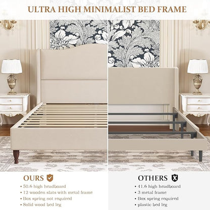 koorlian King Size Bed Frame Upholstered Platform Bed with 51" Tall Headboard Wingback, Soft Fabric, Retro Simple Style Platform Bed No Box Spring Needed, Easy Assembly, Beige