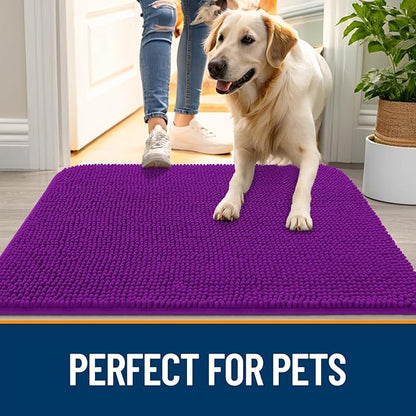 OLANLY Dog Door Mat for Muddy Paws 48x30, Absorbs Moisture and Dirt, Absorbent Non-Slip Washable Doormat, Quick Dry Chenille Mud Mat for Dogs, Entry Indoor Entryway Carpet for Inside Floor, Purple