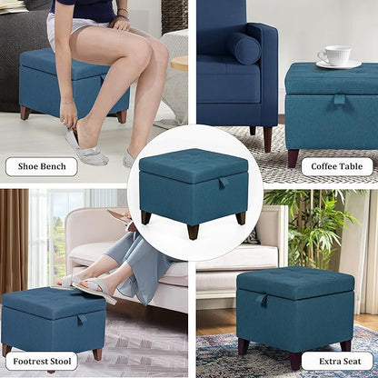 Adeco Square Fabric Storage Ottoman with Tufted Flip Top, 18x18x15
