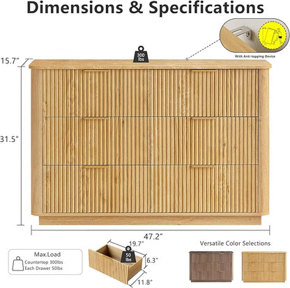 win2win 6 Drawer Dresser, Modern Dresser with Storage, 47" Wide Fluted Chest of Drawers with Faux Marble Top, Dressers TV Stand, Minimalist Drawers Organizer for Bedroom, Living Room, Hallway, Oak