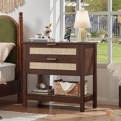 LEYAOYAO 31.5" Wide Rattan Night Stand, Large Boho Nightstand, Bedside Table with Storage, Tall Bed Side End Tables, Chest of Drawers for Bedroom, Living Room, Hallway（Walnut,2 Drawers with Charger,2）