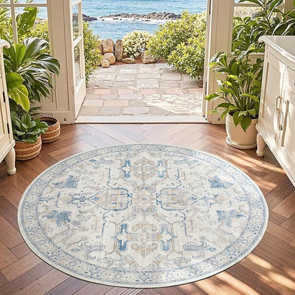 jinchan Round Rug 5ft Area Rug Indoor Vintage Floral Circle 5' Washable Ultra-Thin Low Pile Soft Small Non Slip Distressed Print for Living Room Dining Room Bedroom Entryway Blue