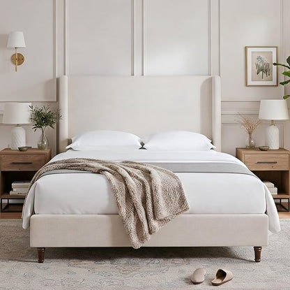 Harper Upholstered Bed with 54" Tall Headboard - Wingback Chenille Platform Bed Frame, Solid Wood Feet, Sturdy Metal Base, Easy Assembly (Textured Ivory, Queen (U.S. Standard))