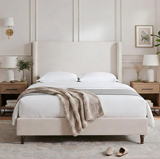 Harper Upholstered Bed with 54" Tall Headboard - Wingback Chenille Platform Bed Frame, Solid Wood Feet, Sturdy Metal Base, Easy Assembly (Textured Ivory, King (U.S. Standard))