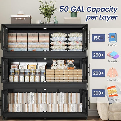 150GAL Extra Large Storage Bins with Lid, 600QT Storage Bins with Wheels, Folding Closet Organizer, Stackable Collapsible Plastic Storage Containers for Home, Office, Kitchen, 3Pack Black