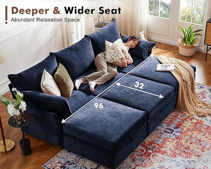 ABCASA 134.6" Luxury Modular Sectional Convertible Sofa with Storage Ottoman, L-Shape 5-Seat Oversized Comfy Couch Deep Seat with Reversible Chaise - Chenille Blue