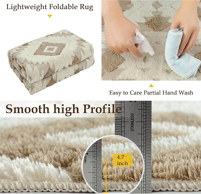 Ivory Brown 4x6 Area Rug Washable Moroccan Shag Office Carpet Non Slip Soft Neutral Boho Floor Mat Plush Pile Throw Rug for Entryway Kitchen Dining Room Bedroom Living Room