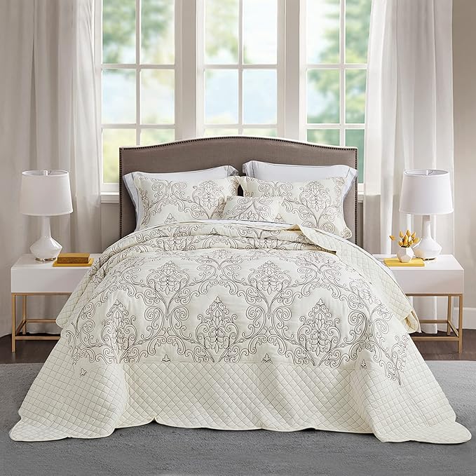 CHIXIN Oversized Bedspread Coverlet Set King Size - Lightweight Bedding Cover - Beautiful Stitching - 5 Piece Reversible Bedspread - Luxury Damask Paisley Pattern (King, Ivory)