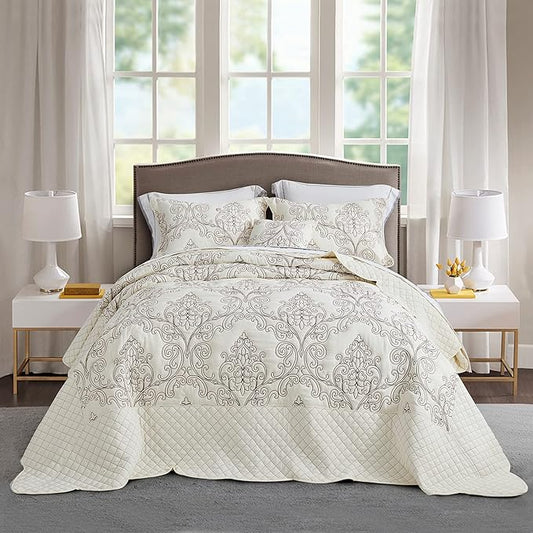 CHIXIN Oversized King Bedspread 128x120 Extra Wide - Lightweight Bedding Cover - Beautiful Stitching - 5 Piece Reversible Bedspread - Luxury Damask Paisley Pattern (King/Cal King, Ivory)